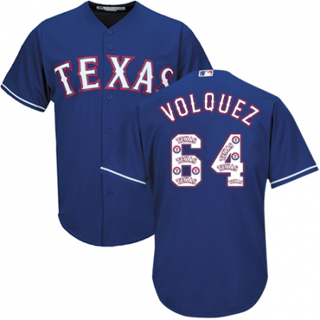 Men's Majestic Texas Rangers #64 Edinson Volquez Authentic Royal Blue Team Logo Fashion Cool Base MLB Jersey