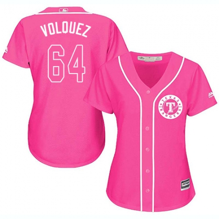Women's Majestic Texas Rangers #64 Edinson Volquez Authentic Pink Fashion Cool Base MLB Jersey